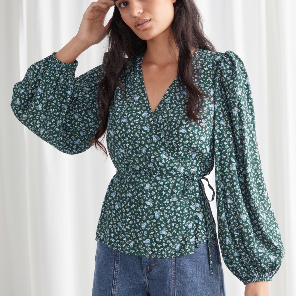 & Other Stories Green Floral Puff Sleeve Wrap Top